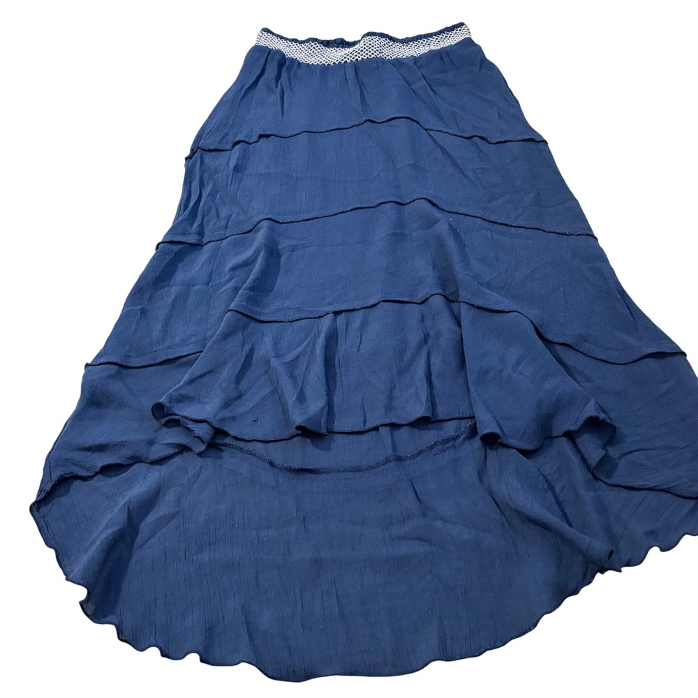 A. Byer Navy Blue Tiered Hi-Low Maxi Skirt Smocked Waist Boho M Office Casual